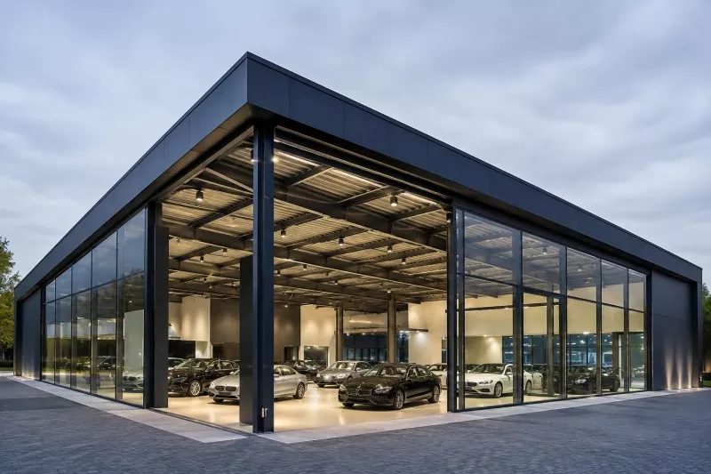 Konštrukcia autosalónu s oceľovým rámom